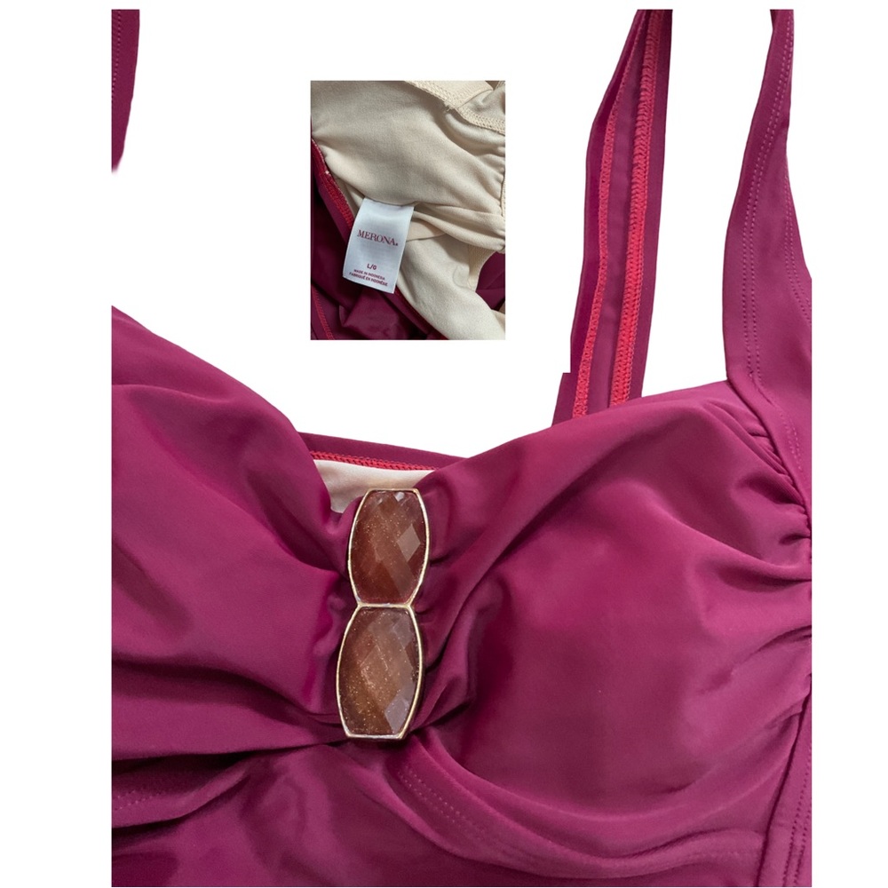 Merona Magenta Tankini Swim Top Large Underwire Ruched Tummy Control Beach - Picture 6 of 9